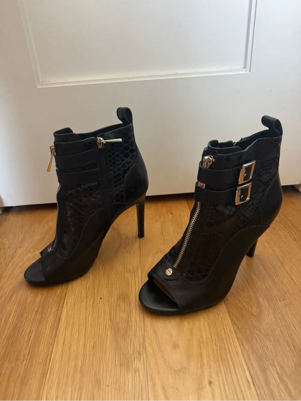 Vince Camuto Kammie Black Peep-Toe Ankle Booties with Front Zipper & Buckles